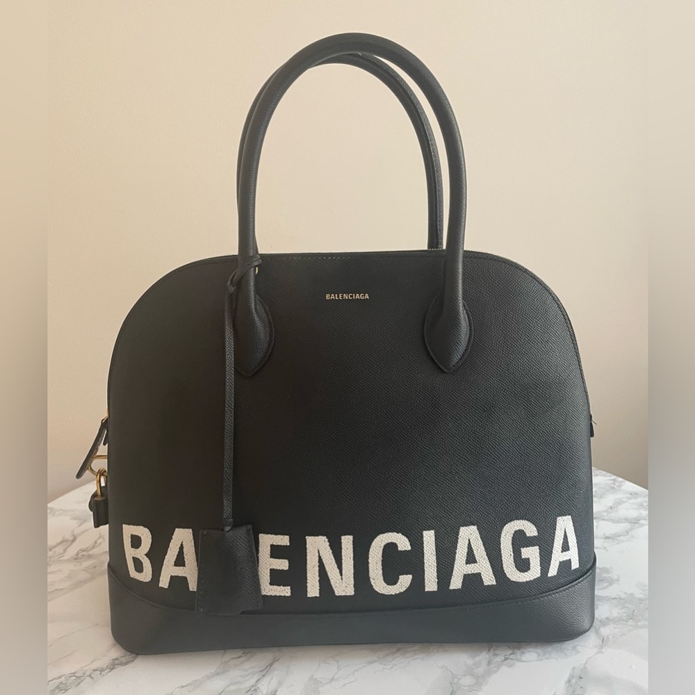 Balenciaga Ville Top Handle Large Black & White Leather Bag